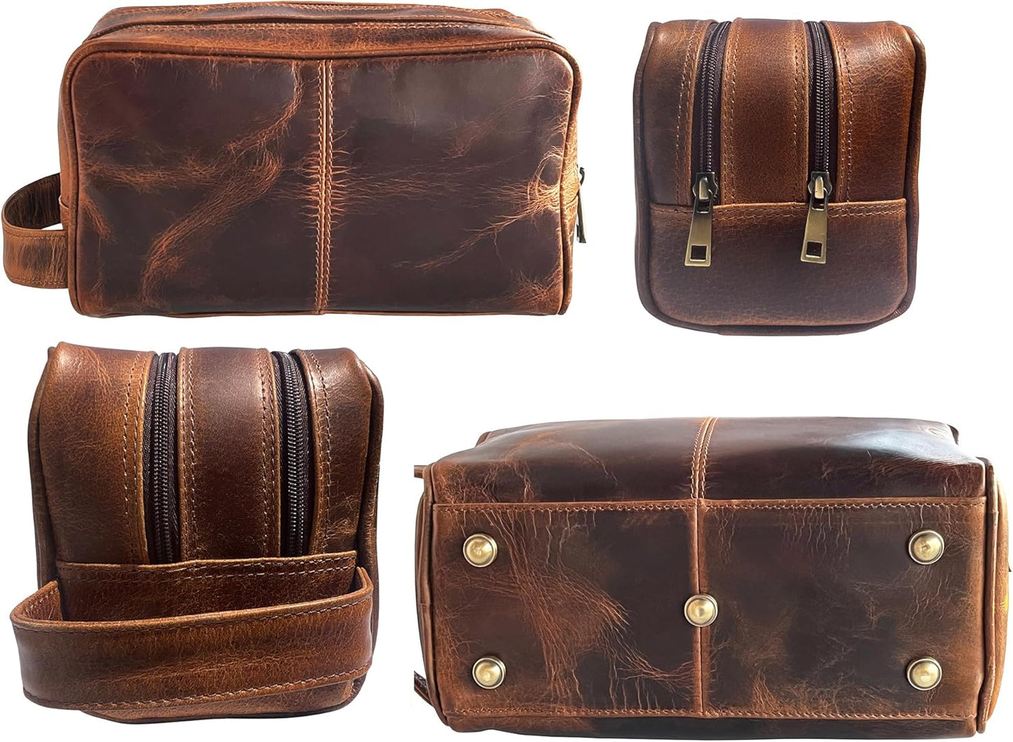 RUSTIC TOWN Leather Toiletry Bag for Men - Travel Shaving Ditty Kit - Bathroom Shower Toiletries Organizer - Leather Cosmetic Bag for Women (Antique Brown)