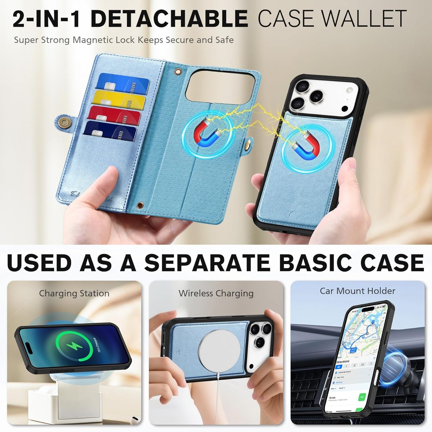 TUCCH Crossbody Detachable Wallet Case for iPhone 17 Pro Max, 10 Card Slots RFID Blocking | Wireless Charging | Wrist Strap Lanyard | Stand | Zipper Pocket | PU Leather Phone Cover | Pearly Light Blue