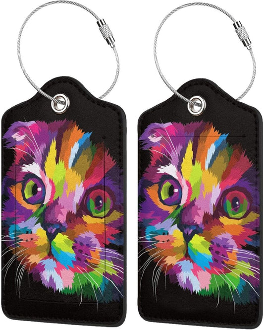 2 Pack Colorful Art Kitten Animal Luggage Tags Travel PU Cute Cat Leather Luggage Tag Name ID Labels with Privacy Cover Suitcases Women Men Girls Boys Fun Laggage Tags(Colorful Cats)