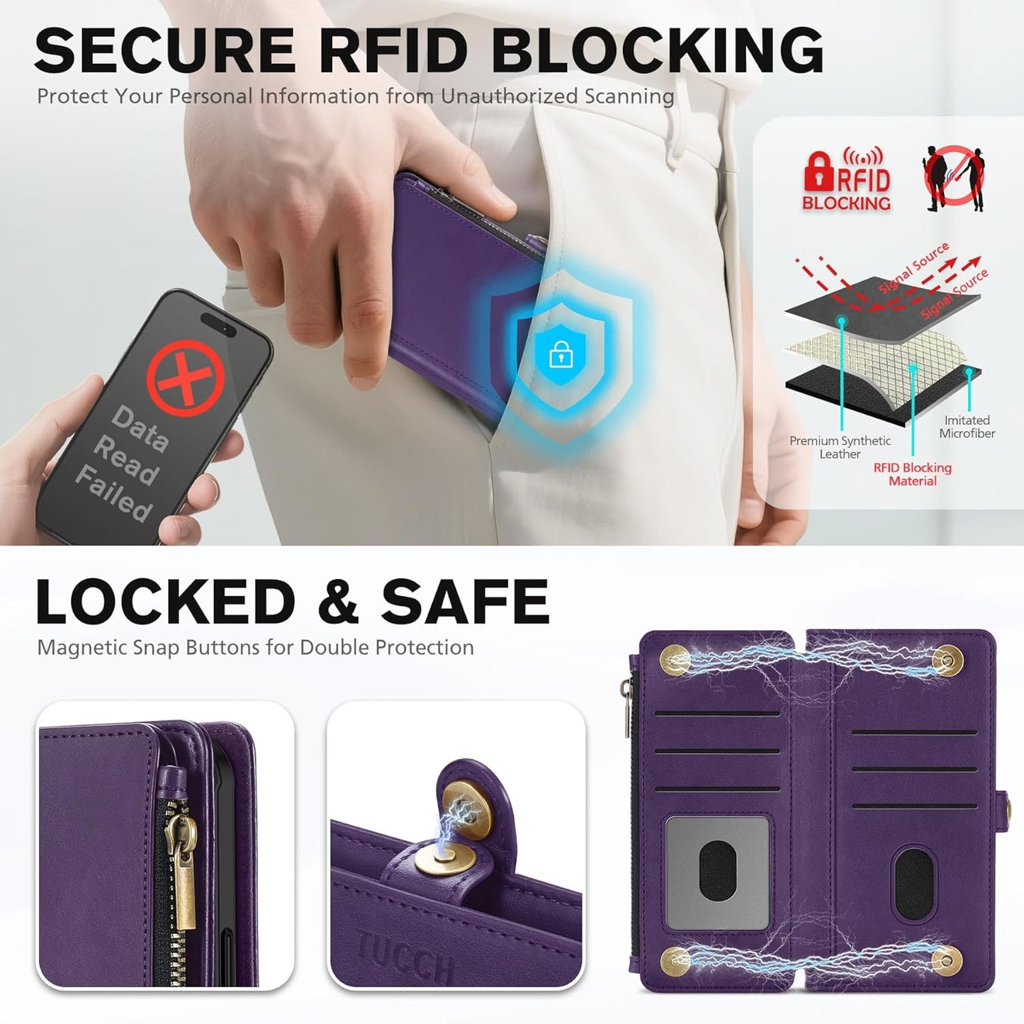 TUCCH Removable Crossbody Wallet Case for iPhone 17 Pro 6.3", RFID Blocking 9 Card Holders, Lanyard, Wrist Strap, Wireless Charging, Stand, Zipper Pocket, PU Leather, Magnetic Flip Cover, Deep Purple