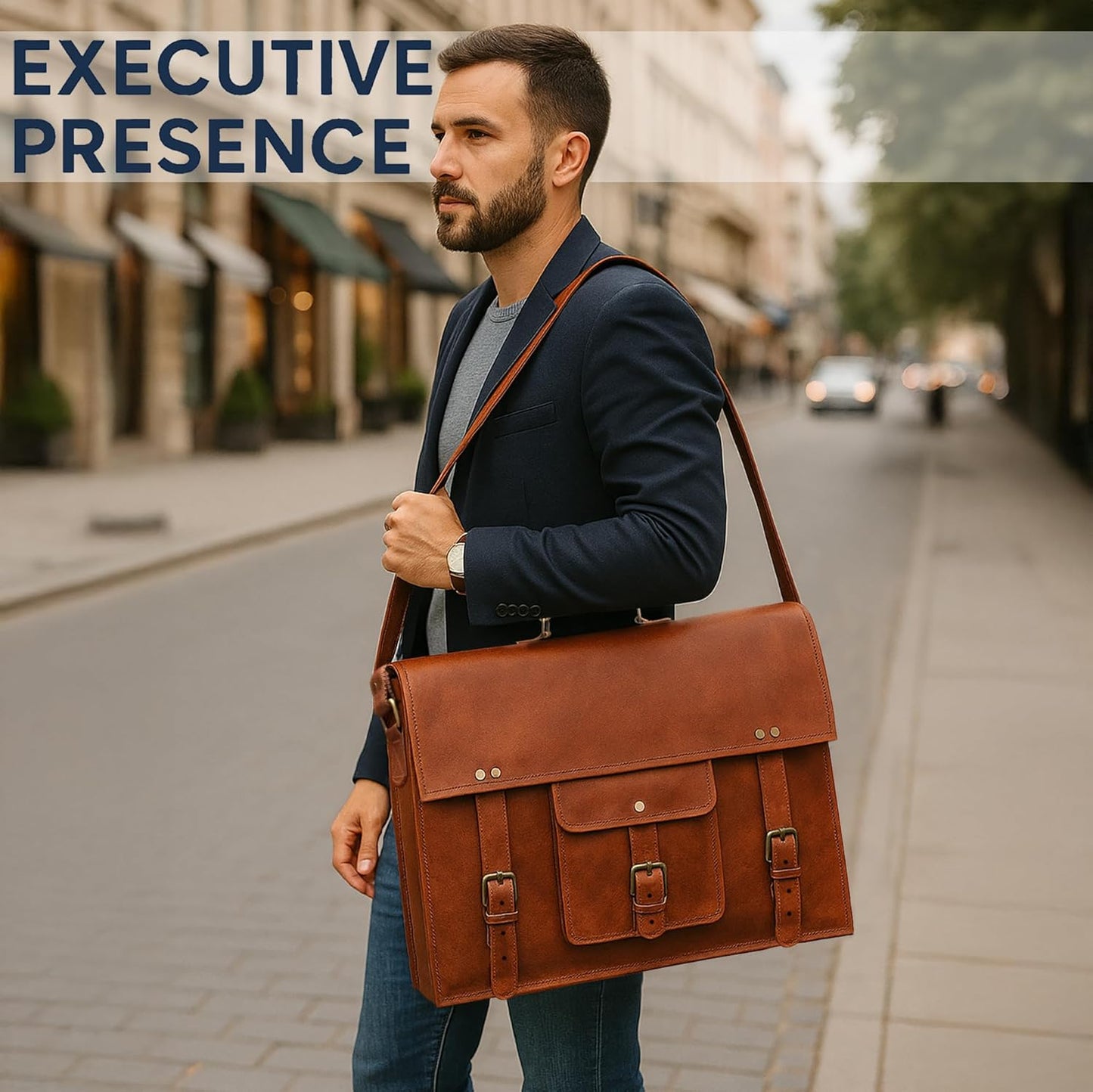 Leather Messenger Bag for Men - 18" Full Grain Leather Laptop Briefcase - Vintage Computer Satchel Travel Crossbody Bag for Office & Work