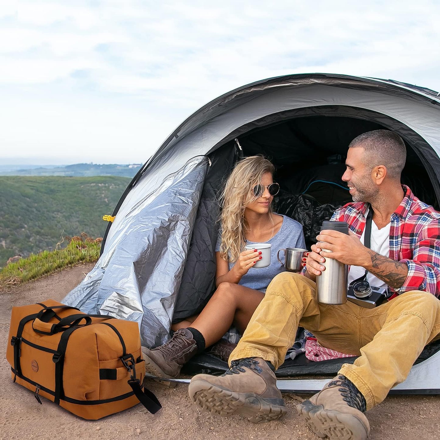 Laripwit Duffle Bag Large Size Gym Bags for Men Waterproof Travel Duffel Bag for Women Weekender Bag with Shoes Compartment Overnight Bag 55 L, Brown