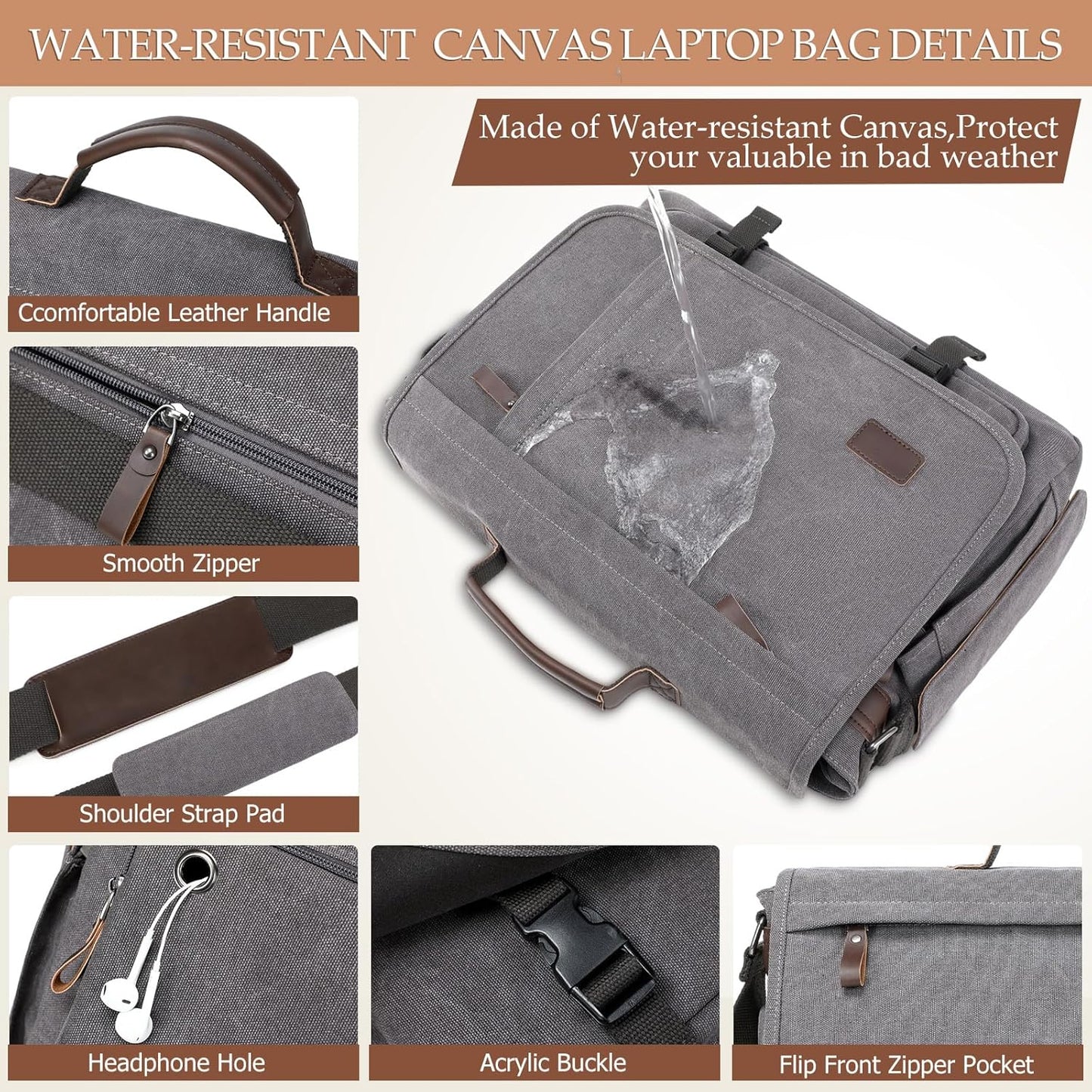 17.3 Inch Messenger Bag for Men: 2PCS Laptop Bag PU Leather Canvas Work Briefcase Large Office