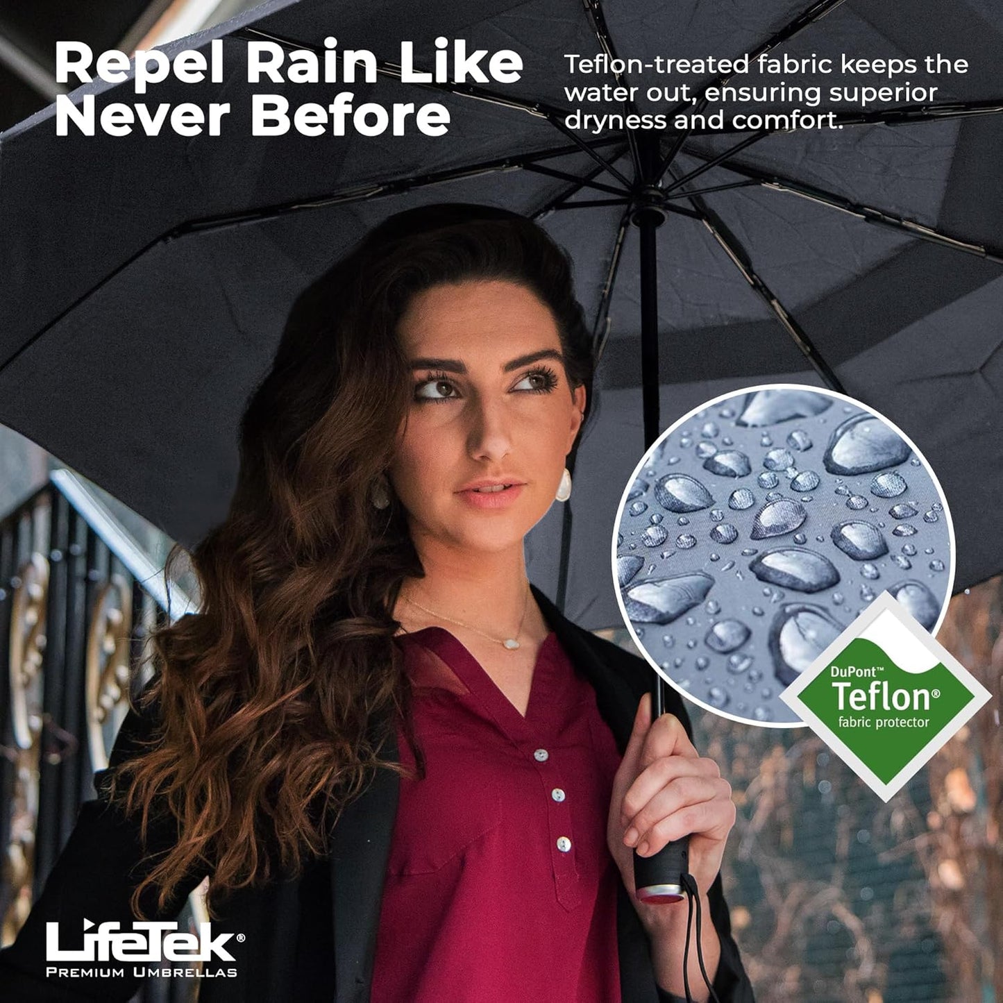 LifeTek Premium Travel Umbrella - Windproof & Compact for Men & Women, Automatic Open Close, Fits in Purse Laptop Bag or Backpack, Strong Frame for Heavy Rain & Sun UV Protection