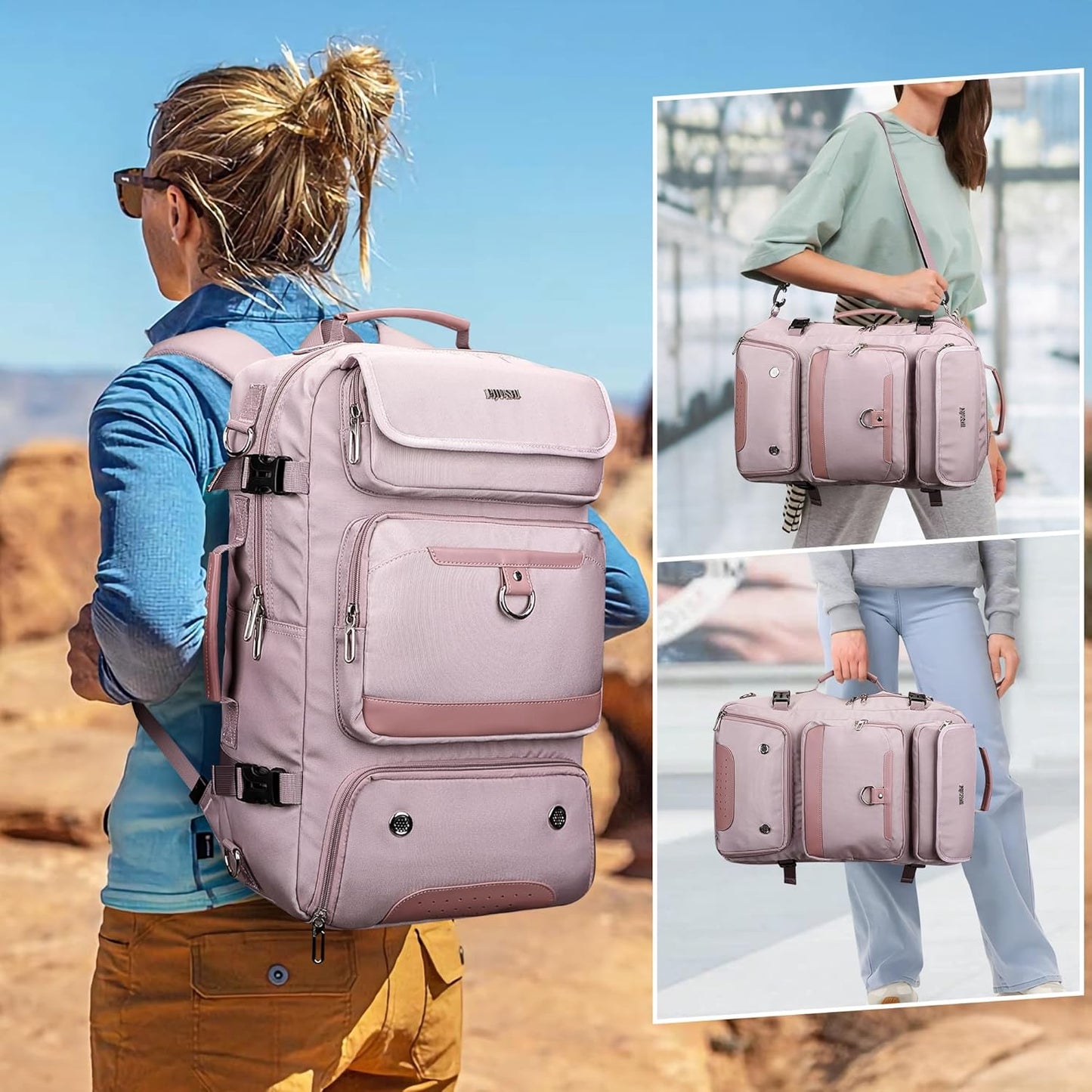 PIJUSHI Carry on Travel Backpack for Women Convertible Duffel Bag Backpack Large Luggage Rucksack Fit 16 Inch Laptop(PE039 Light Purple)