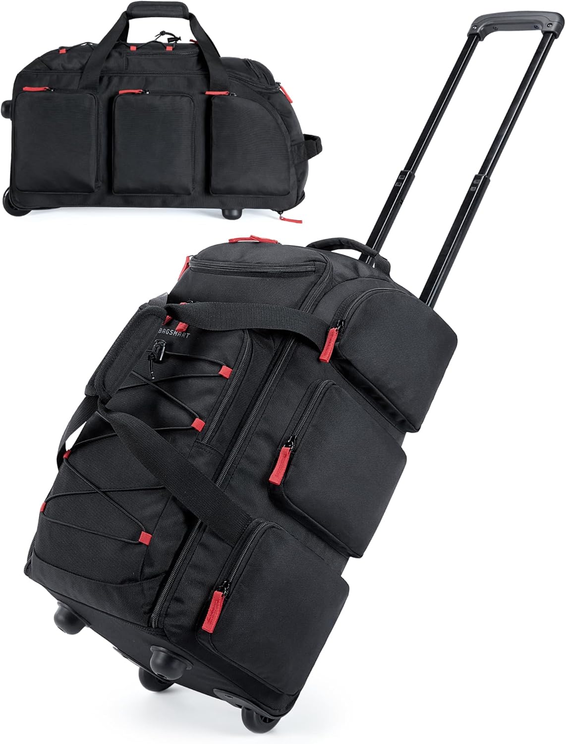 BAGSMART Rolling Duffle Bag with Wheels, 36L Travel Bag with Water-proof Pockets, Airline-Approved Carry On Duffel Bag with Handle, Black