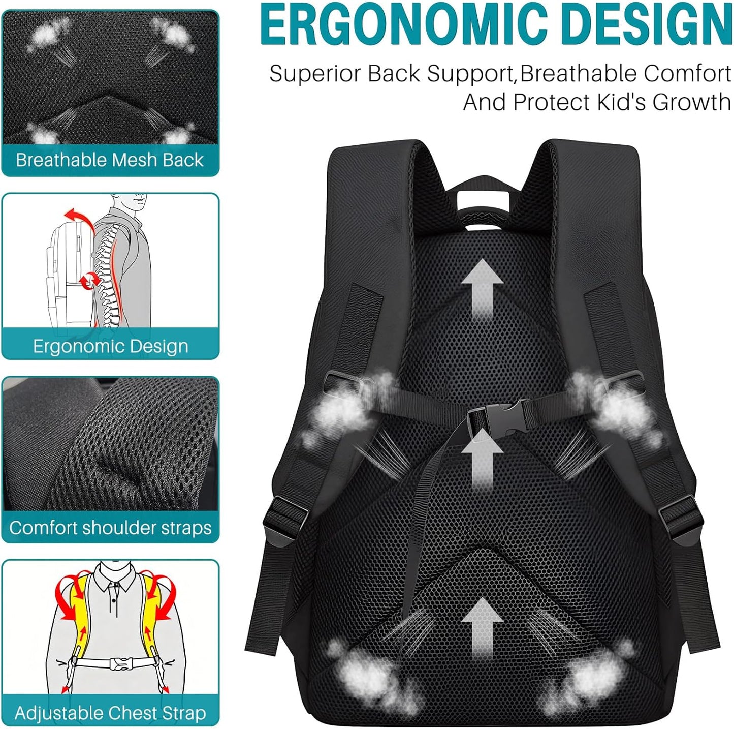 17 Inch Large Capacity Gamer Backpack for Boys - Complete 3pcs Set with Insulated Lunch Box and Zipper Pencil Case, Ideal for Elementary Middle School Teen Boys