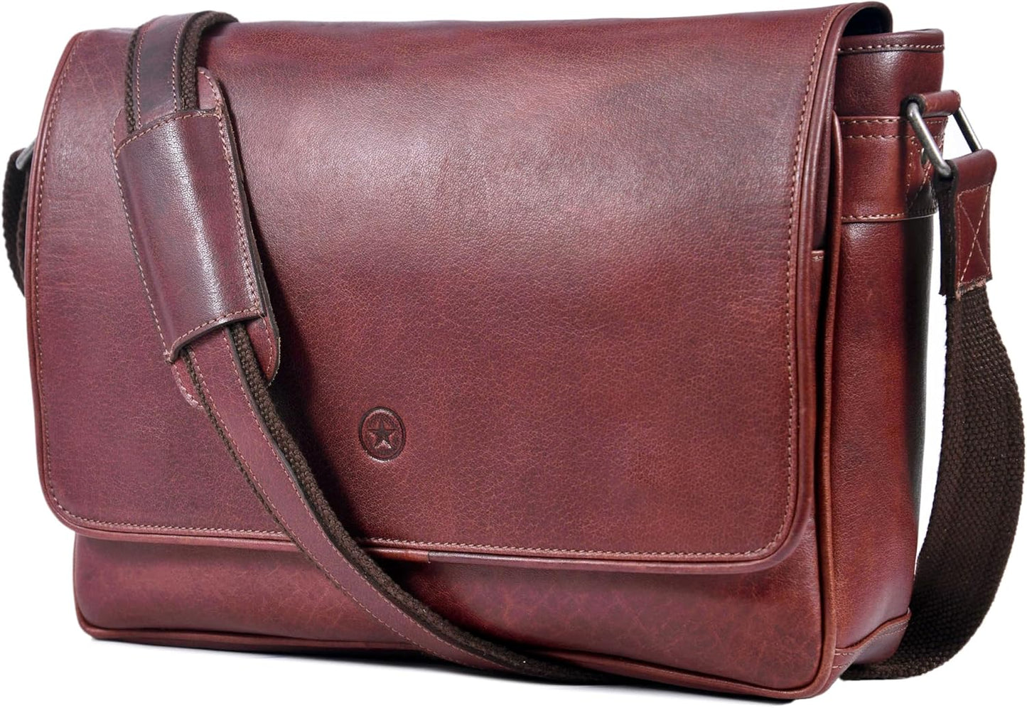 16" Crossbody Bag Leather Laptop Messenger Bag For Men with trolley sleeve for school office (Dark Brown)