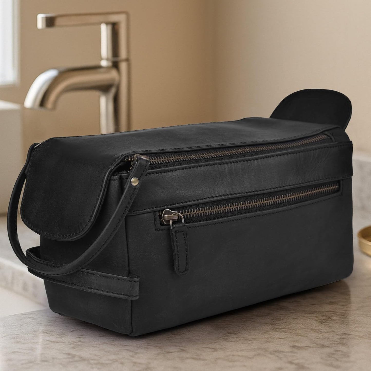 Leather Travel Toiletry Bag for Men & Women – Genuine Leather Dopp Kit, Shaving Organizer, Waterproof Lining, Spacious Toiletry Organizer Gift for Unisex - Midnight Black