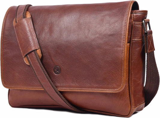 16" Crossbody Bag Leather Laptop Messenger Bag For Men with trolley sleeve for school office (Cognac Brown)
