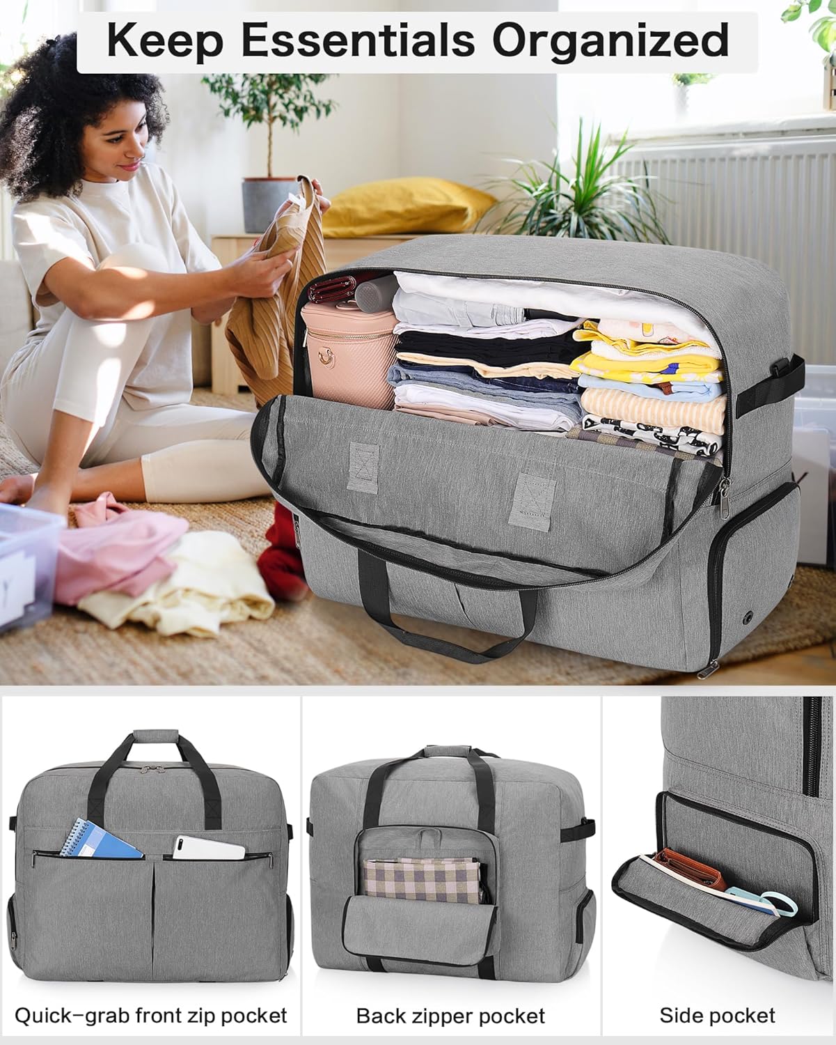 100L Foldable Large Travel Duffle Bag for Men and Women, Packable Duffel Bags with Shoe Compartment, Water Repellent & Tear Resistant (Gray)