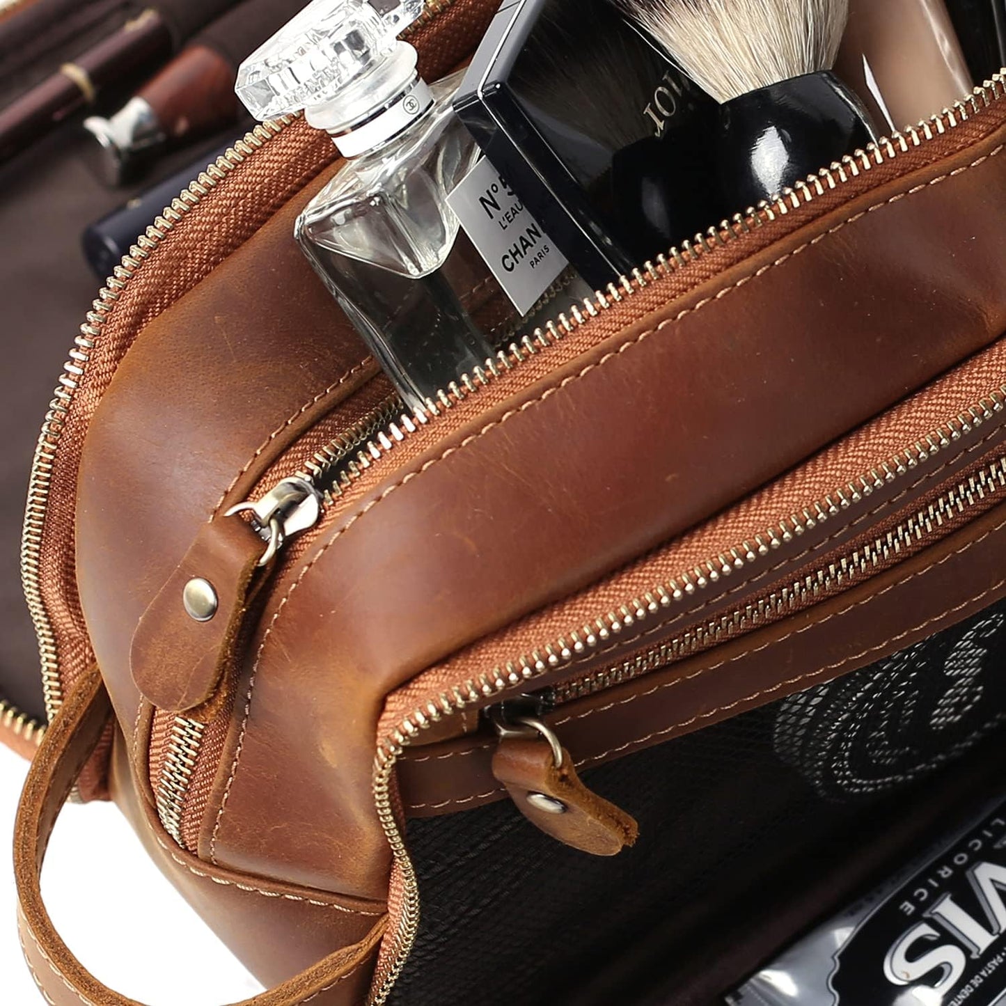 Personalized Leather Toiletry Bag for Men Travel Shaving Dopp Kit-Large Cosmetic Bags Toiletries Bathroom Organizer