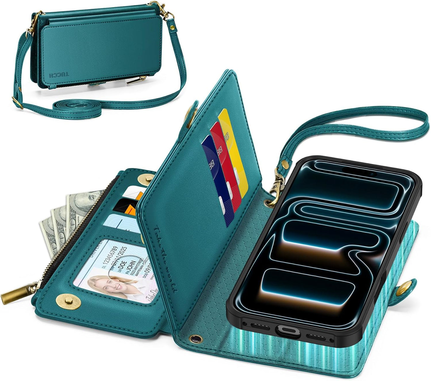 TUCCH Detachable Crossbody Wallet Case for iPhone 17 Pro (6.3"), 9 Card Holders RFID Blocking | Lanyard | Wrist Strap | Wireless Charging | Zipper Pocket | PU Leather | Stand Flip Cover | Bluish Green