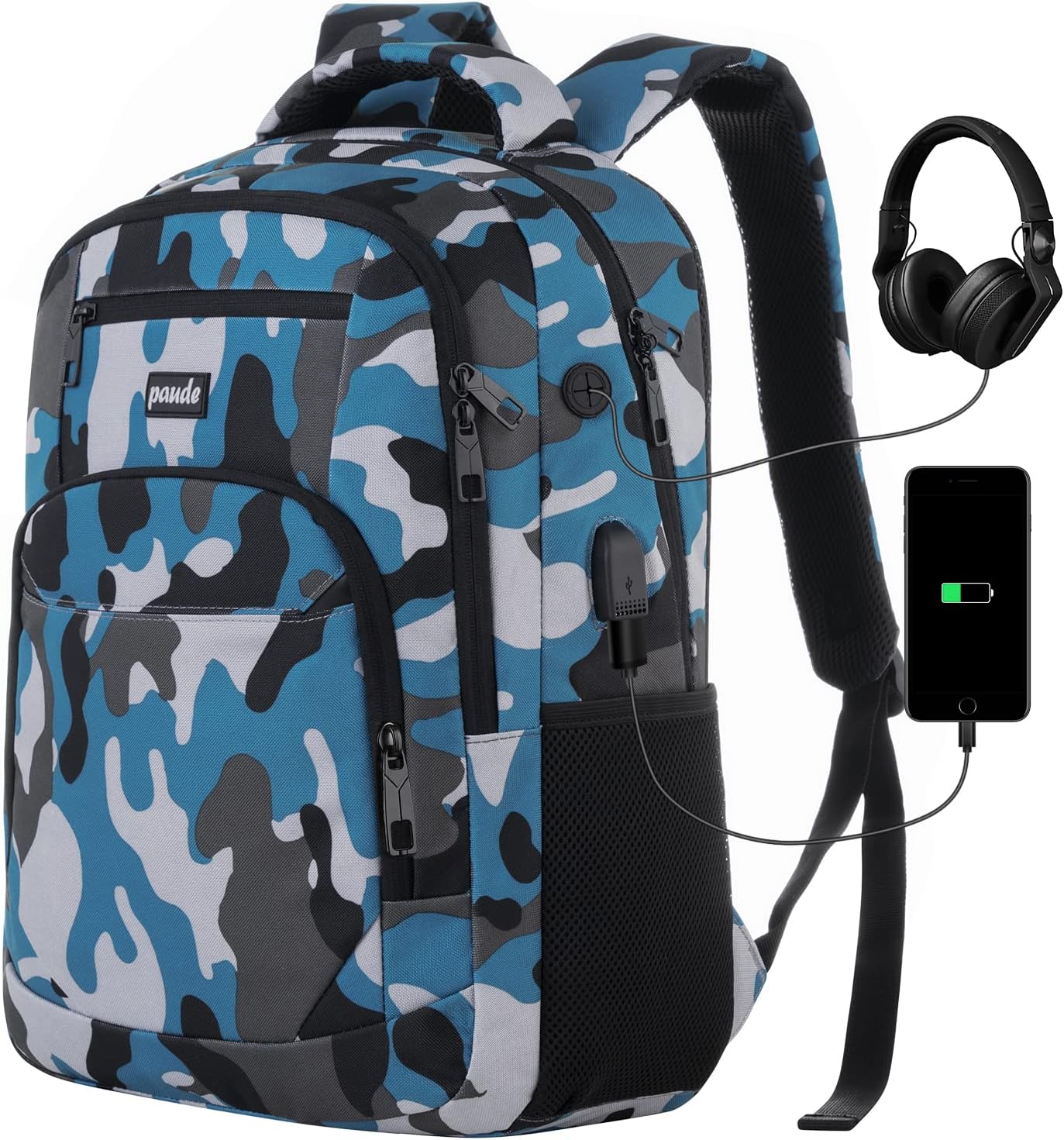17 inch Backpack for Men,College Backpack School Bookbag for Teens,Travel Laptop Bookbag with USB Port and Headphone Hole,Camouflage Blue
