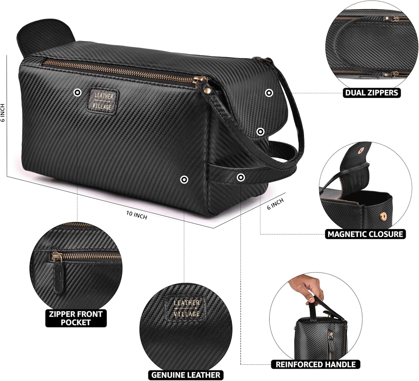 LEATHER VILLAGE Premium Carbon Fiber Genuine Leather Travel Toiletry Bag - Large Compact Dopp Kit, Water-Resistance Shaving & Cosmetic Organizer for Men & Women - Black