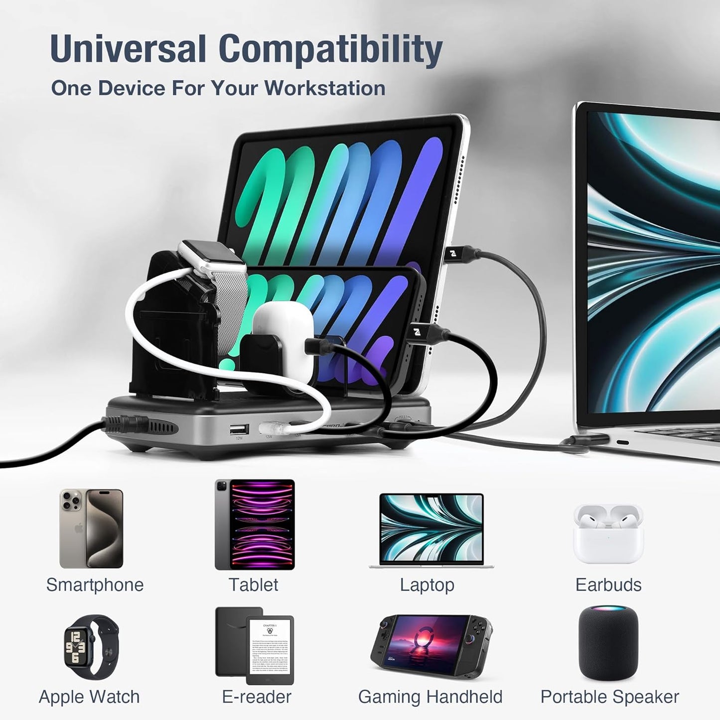 160W 6-Port USB-C and USB-A Charging Station Organizer with 140W PD 3.1 – Includes Cables – for MacBook, iPhone, iPad, AirPods, Smartphones, Tablets, and Gaming Devices