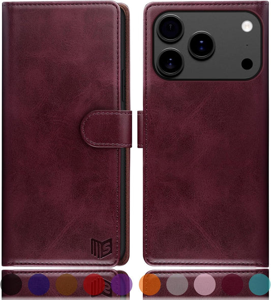 SUANPOT Compatible with iPhone 17 Pro Max 6.9" Wallet case with RFID Blocking Credit Card Holder,Flip Book PU Leather Protective Cover Women Men for Apple 17 Pro Max Phone case Wine Red