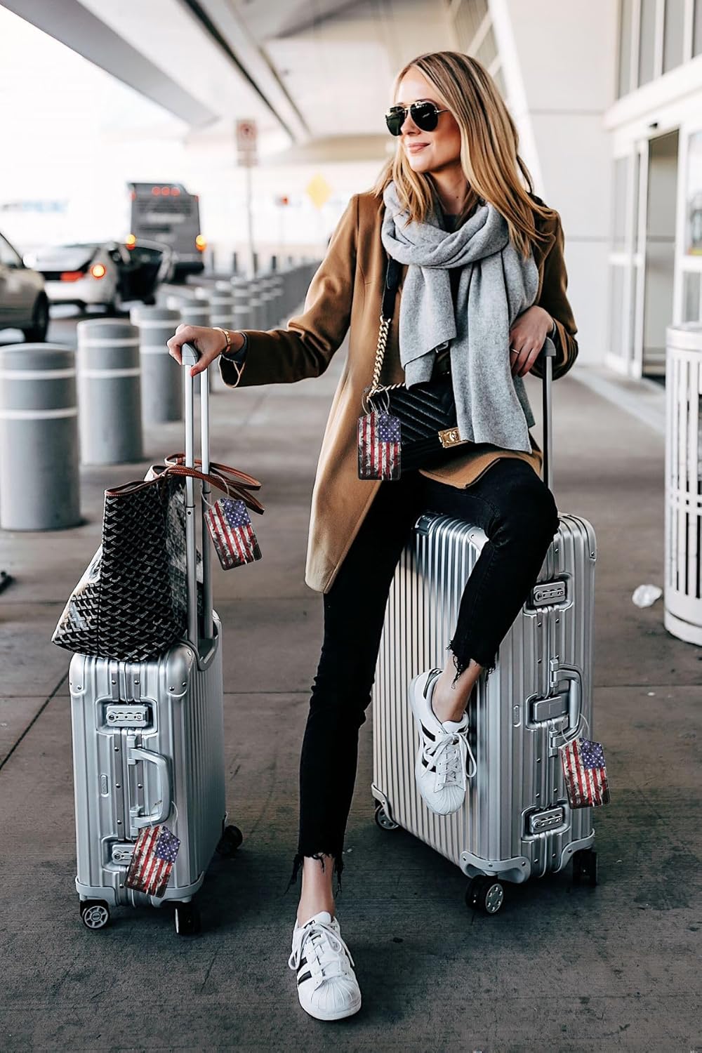 2 Pack American Flag Luggage Tags for Suitcases Unique Us Leather Luggage Tags Identifiers Privacy Cover Id Label with Stainless Steel Loop for Women Men Boys Girls Travel (American Flag)