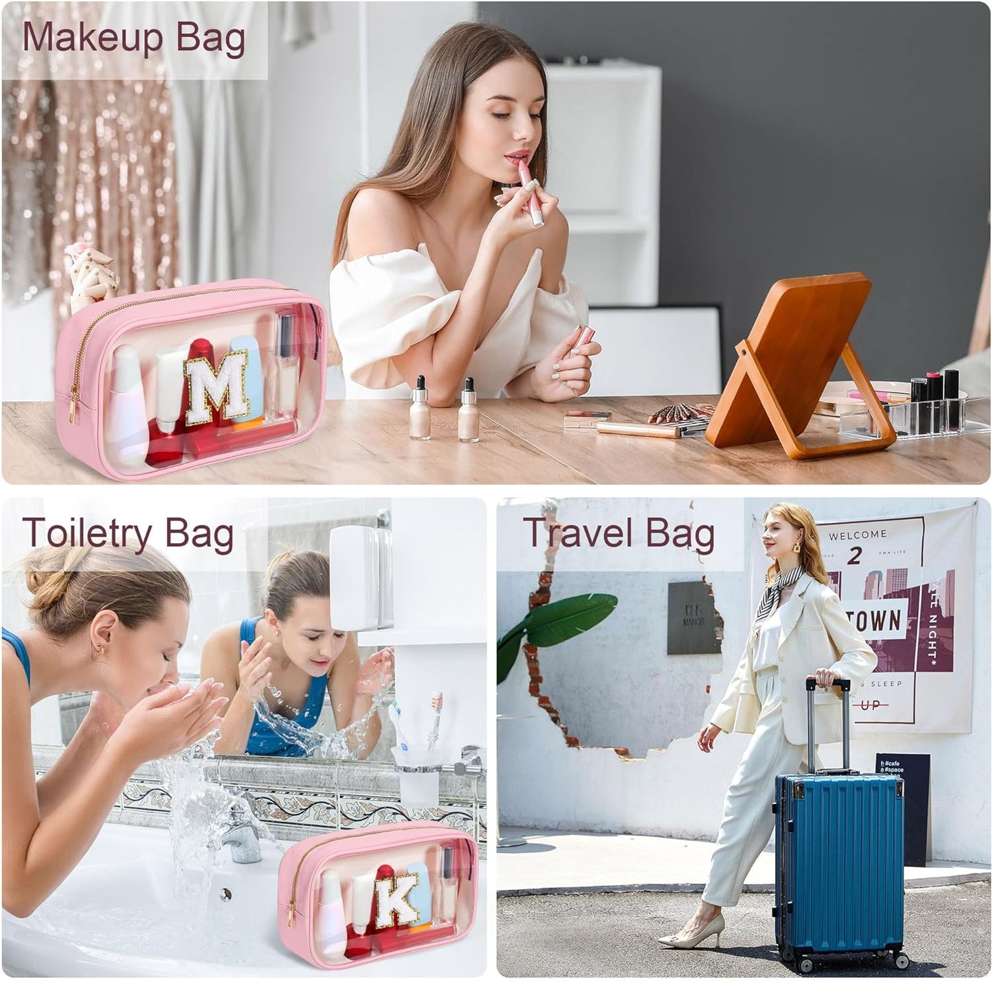 YOOLIFE Travel Toiletry Bag - Pink Clear Makeup Bag Organizer for Cosmetics, Skin Care & Gifts