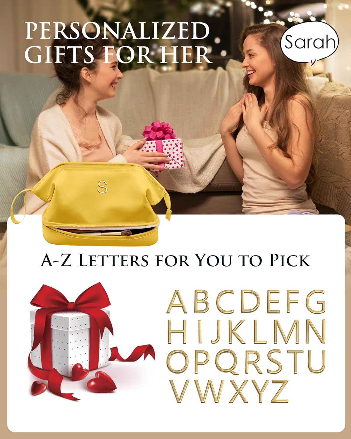 Birthday Presents for Women, Initial Makeup Bag, Travel Gifts, Personalized Bags, Waterproof Double Layer Cosmetic Bag, PU Leather Makeup Bags Letter Travel Toiletry Bag, Friend Gifts