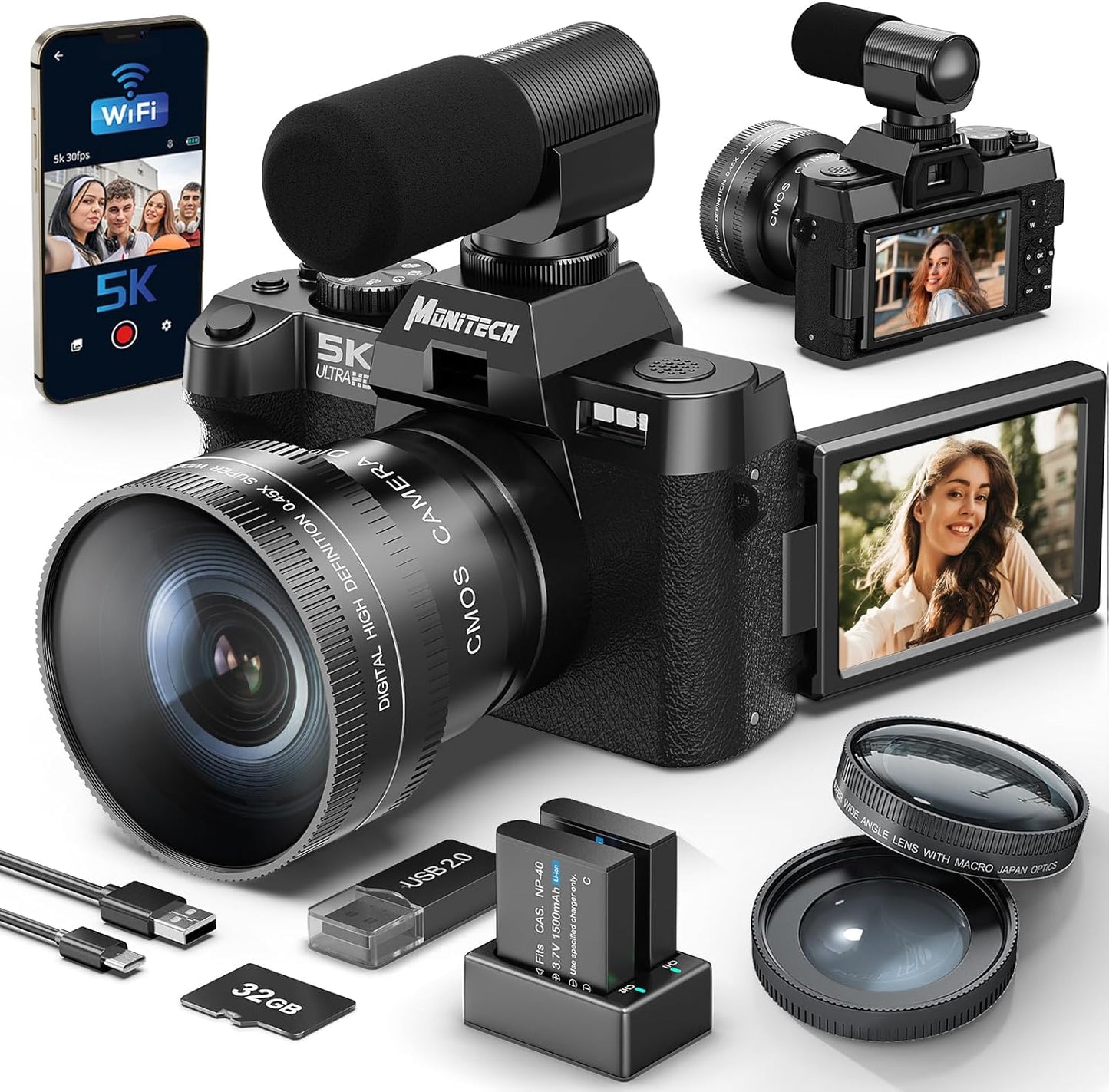 5K Digital Camera, 48MP Cameras for Photography, Vlogging Camera for YouTube with 180° Flip Screen,16X Digital Zoom,52mm Wide Angle & Macro Lens, 2 Batteries, 32GB TF Card