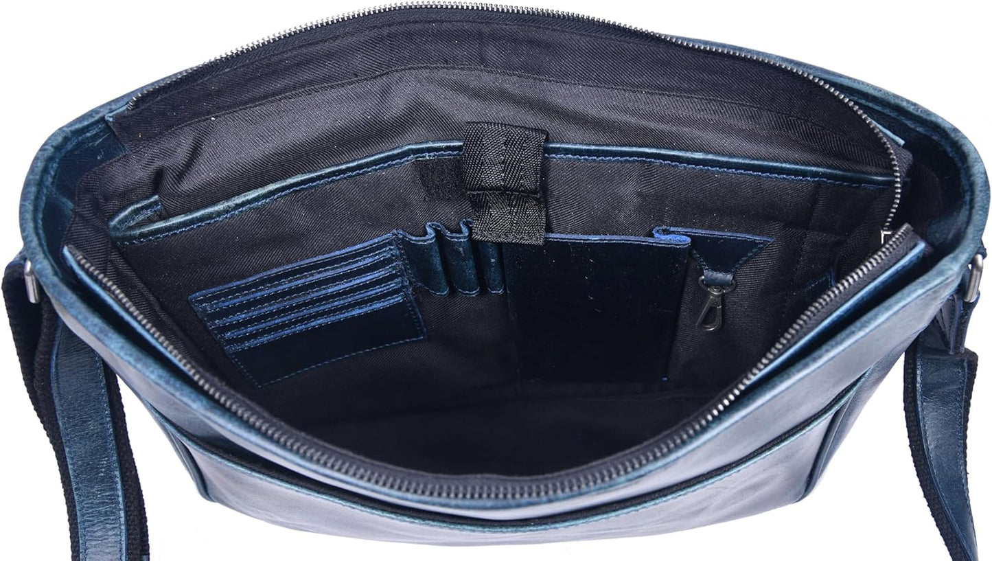 16" Crossbody Bag Leather Laptop Messenger Bag For Men with trolley sleeve for school office (Ice Blue)