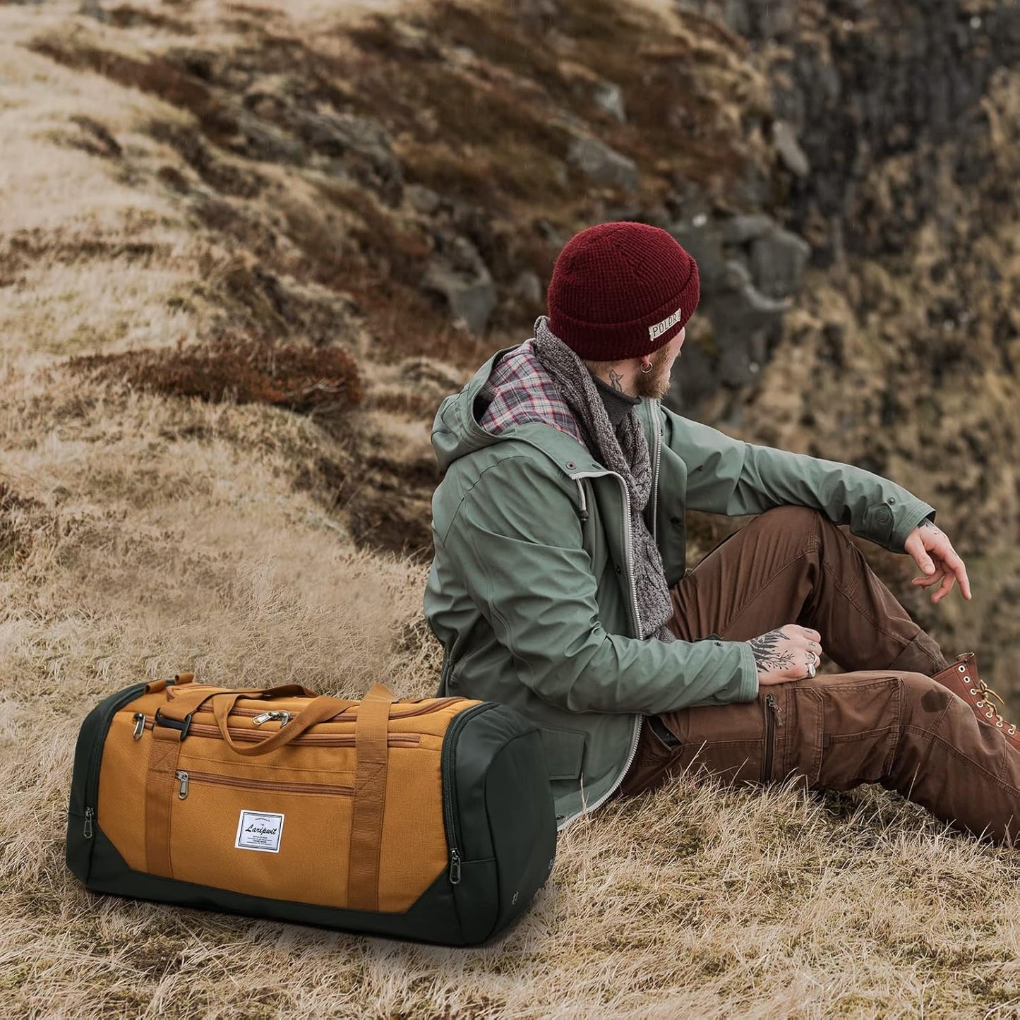 Laripwit Travel Duffle Bag for men 40L Medium Sports Gym Bag with Wet Pocket & Shoes Compartment Weekender Overnight Backpack for Traveling Duffel Bag Backpack for Women, Brown