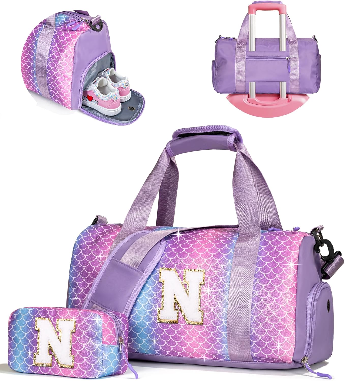 Gift Ideas for Kids Girls-Girl Gym Bag with Shoe Compartment, Kid Personalized Weekender Overnight Bags, Initial Travel Tote with Makeup Pouch, Graduation Gifts Granddaughter (Letter N)