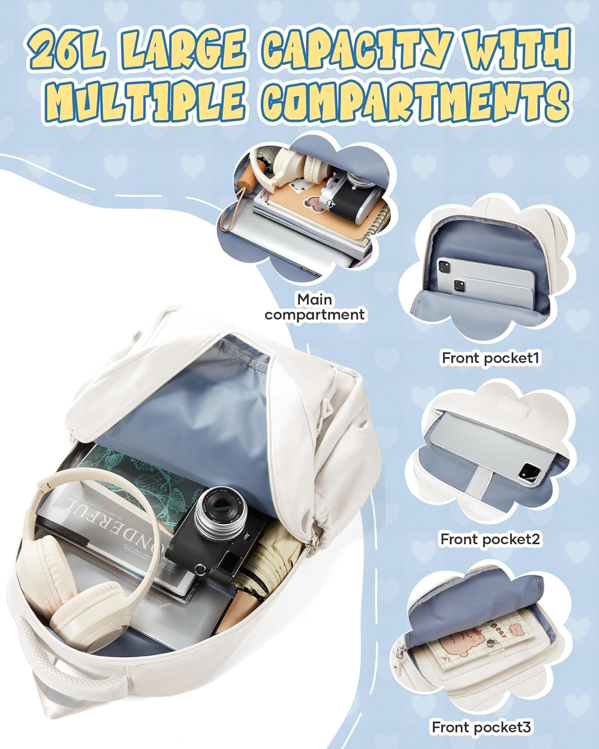 School Backpack for Women Men Cute Backpack for College Students Lightweight High School bag for Teens Girls Boys Waterproof Casual Daypacks Bookbag(Beige)