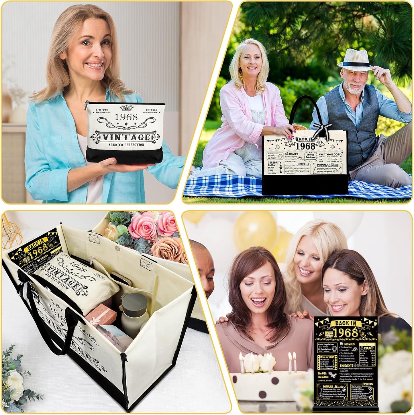 YeohJoy 57th Birthday Gifts for Her Canvas Tote Bag Travel Gear, Unique 57 Years Old Birthday Gifts for Girlfriend Sister Friends Women,Vintage 1968 Handbag & Cosmetic Bag & Back in 1968 Poster