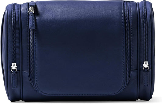 Leatherology Navy Blue Hanging Toiletry Kit – Full Grain Leather Travel Organizer with Hanger and Multiple Storage Compartments