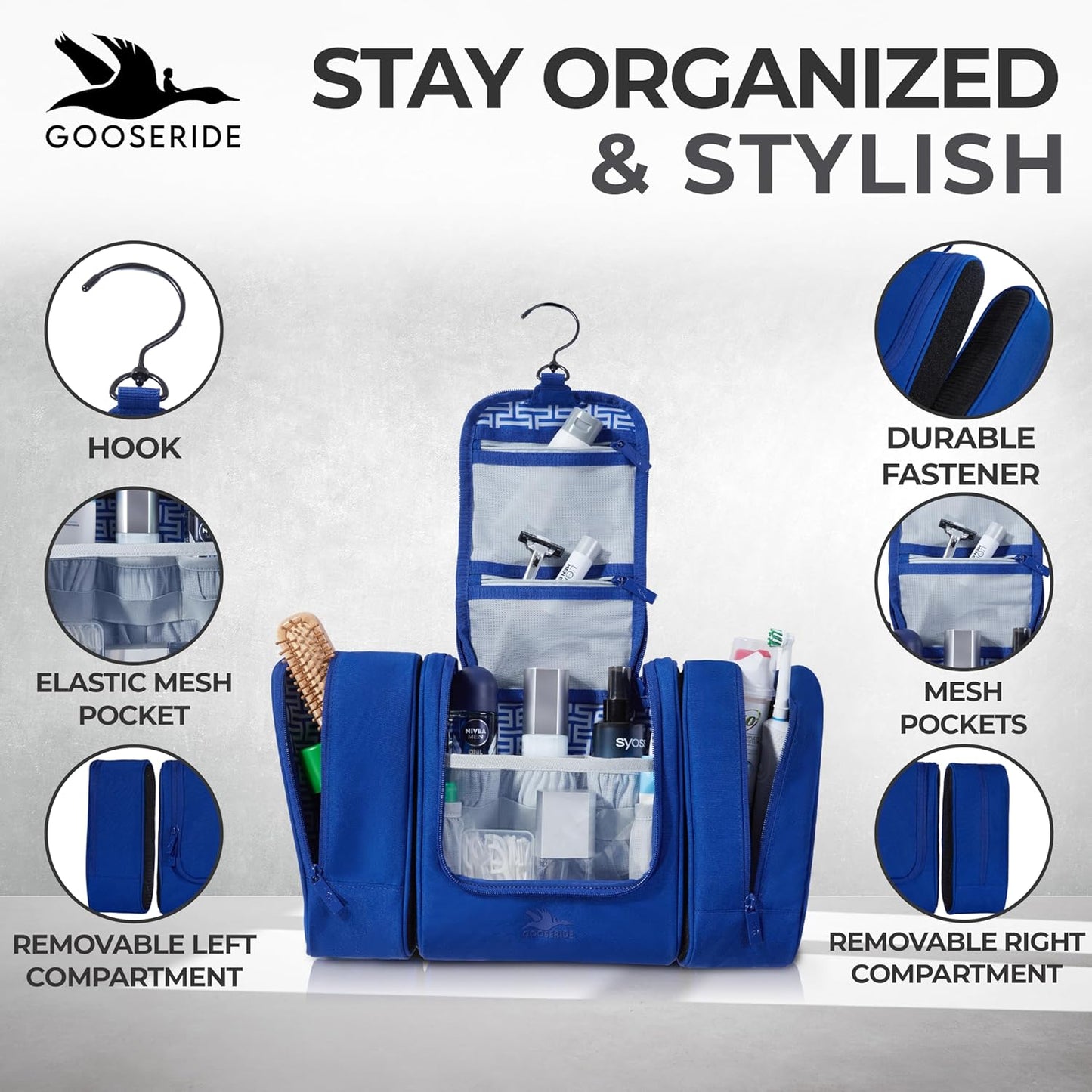 Travel Toiletry Bag for Women and Men - Hanging Cosmetic Travel Bag w/ 3 Detachable Organizer, Durable Hygiene Bag, Hanging Toiletry Bag Men or Makeup Case for Skincare - Royal Blue