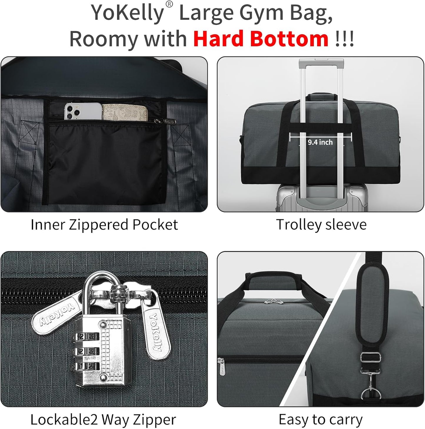 55L Mens Duffle Bag for Travel - 25 inch Weekender Duffel Bag with Hard Bottom - Grey