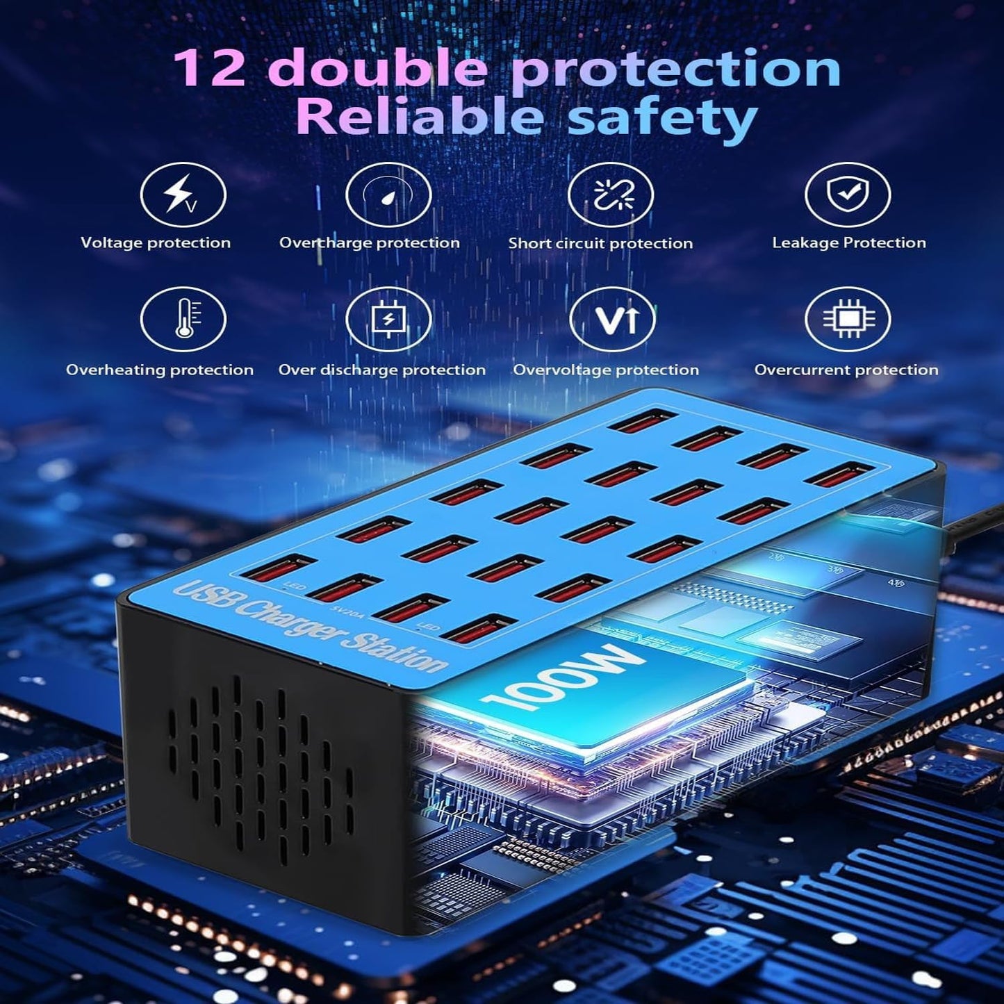 100W 20-Port Multi-Device USB Charging Station - Supports simultaneous Charging for Smartphones, Tablets, smartwatches and Other USB-Powered Devices.(20 Port Charger Station-Blue)