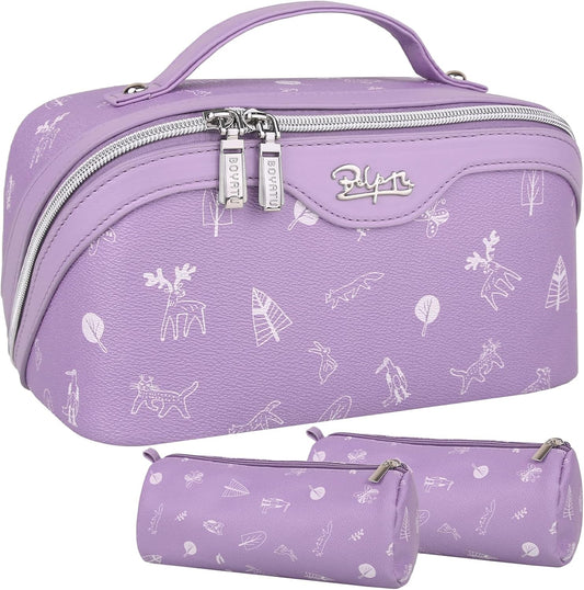 BOYATU Travel Makeup Bag Cosmetic Bags for Women: 3 Pcs Set Portable Make up Bag with Handle - Vegan Leather Toiletry Bags with Compartments - Makeup Organizer for Travel Essentials(L-3-Lilac)