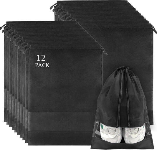12 Pack Large Shoe Bags for Packing with Clear Window, Dustproof Drawstring Travel Shoe Storage Bags for Men & Women, Black