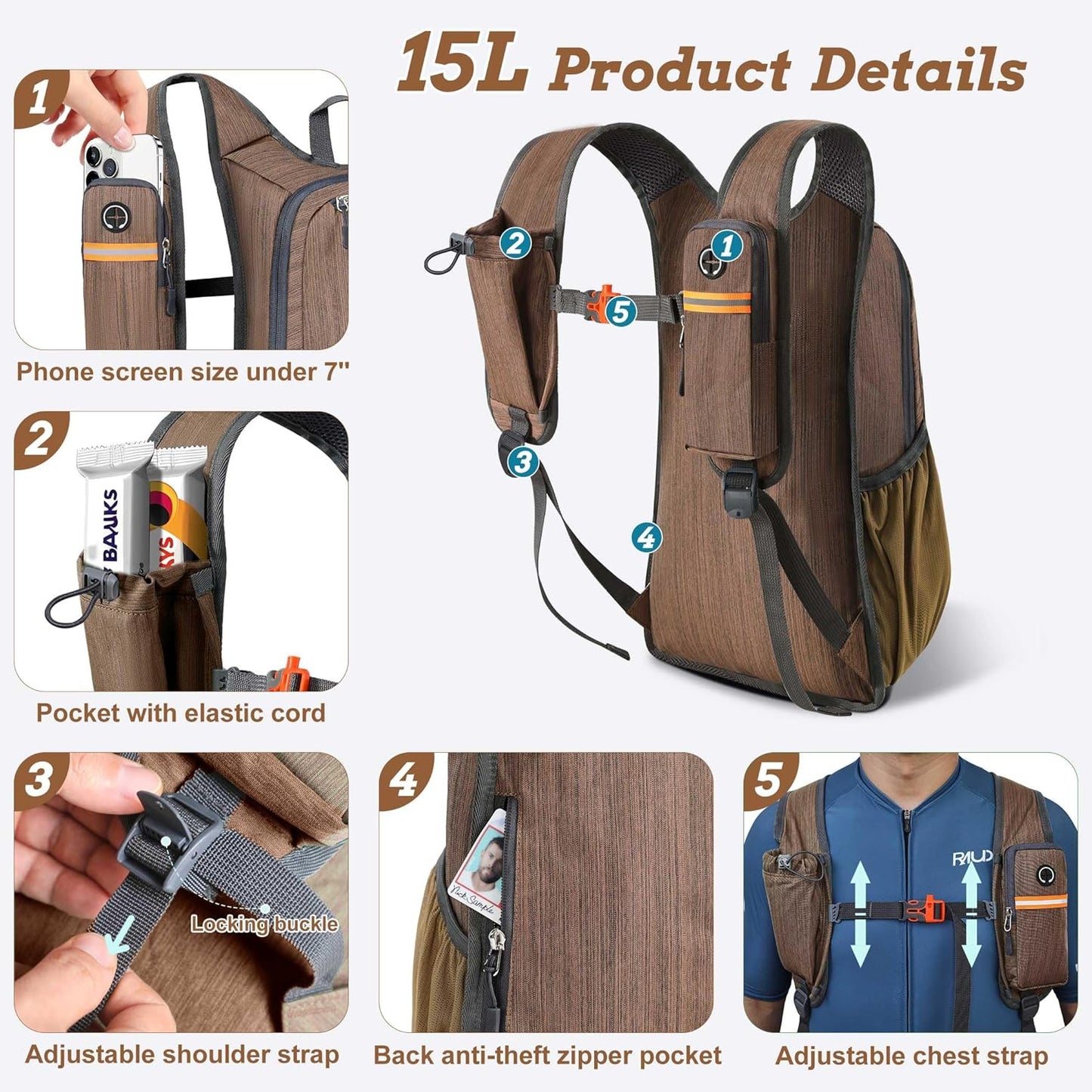 15L Small Hiking Backpack for Men Women Foldable Packable Back Pack Ultralight Hiking Daypack for Travel Camping Outdoor, Chocolate Brown