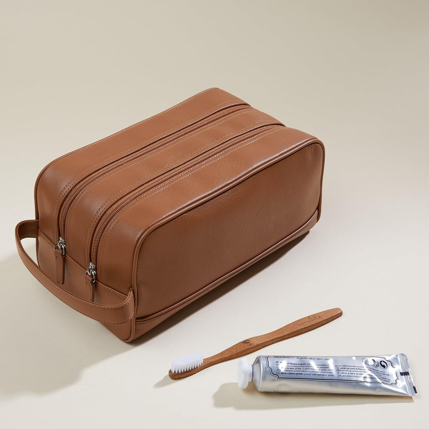 Leatherology Cognac Double Zip Toiletry Bag