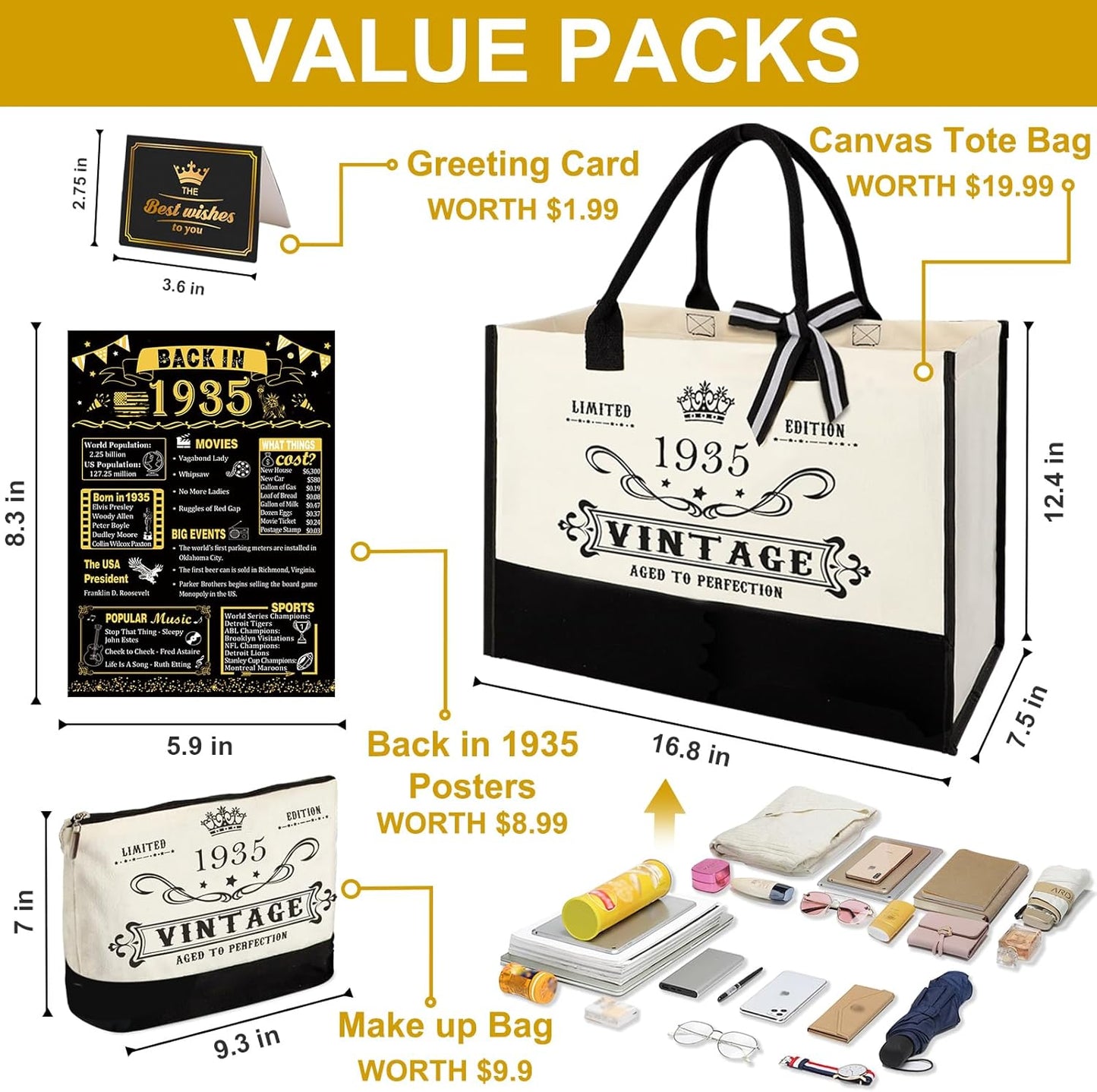 90th Birthday Gifts for Women Canvas Tote Bag Travel Gear, Unique 90 Years Old Birthday Gifts for Mom Wife Aunt Friends Her, Vintage 1935 Handbag & Cosmetic Bag & Back in 1935 Poster