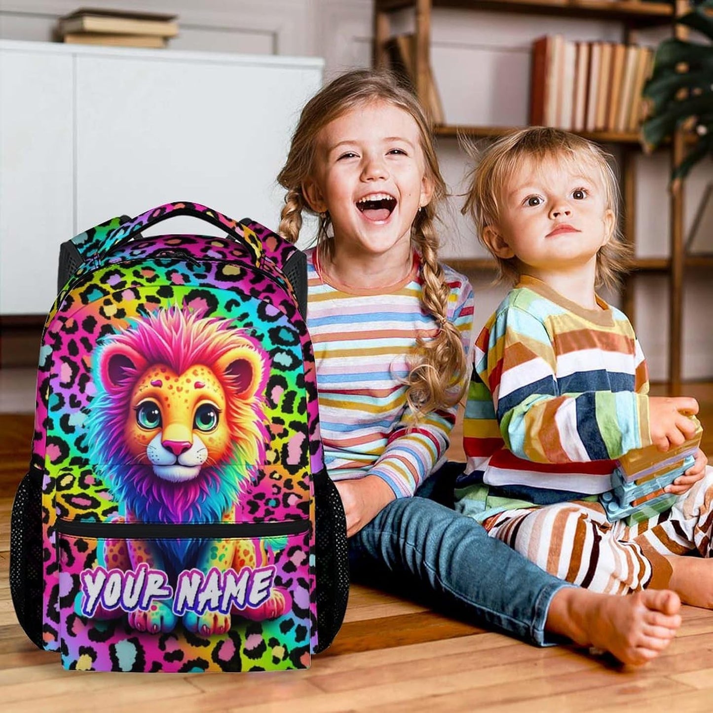 Custom Lion Backpack for Kids - 17 Inch Aesthetic Girls Backpacks for Preschool - Cute Lightweight Durable Animal Print Bookbag for Middle School