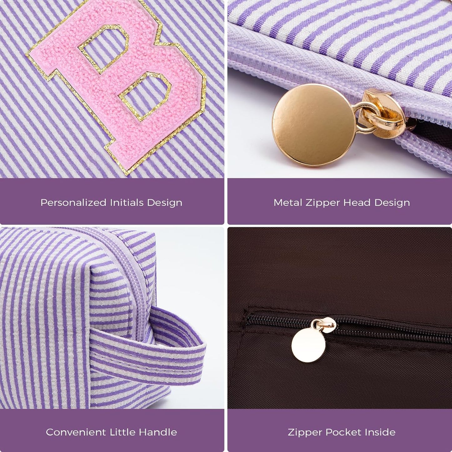 Bridesmaid Gifts Wedding Day - Bridal Shower Gifts,Maid of Honor Gifts,Initials Makeup Bag Set Cosmetic Bag - Lavender,B