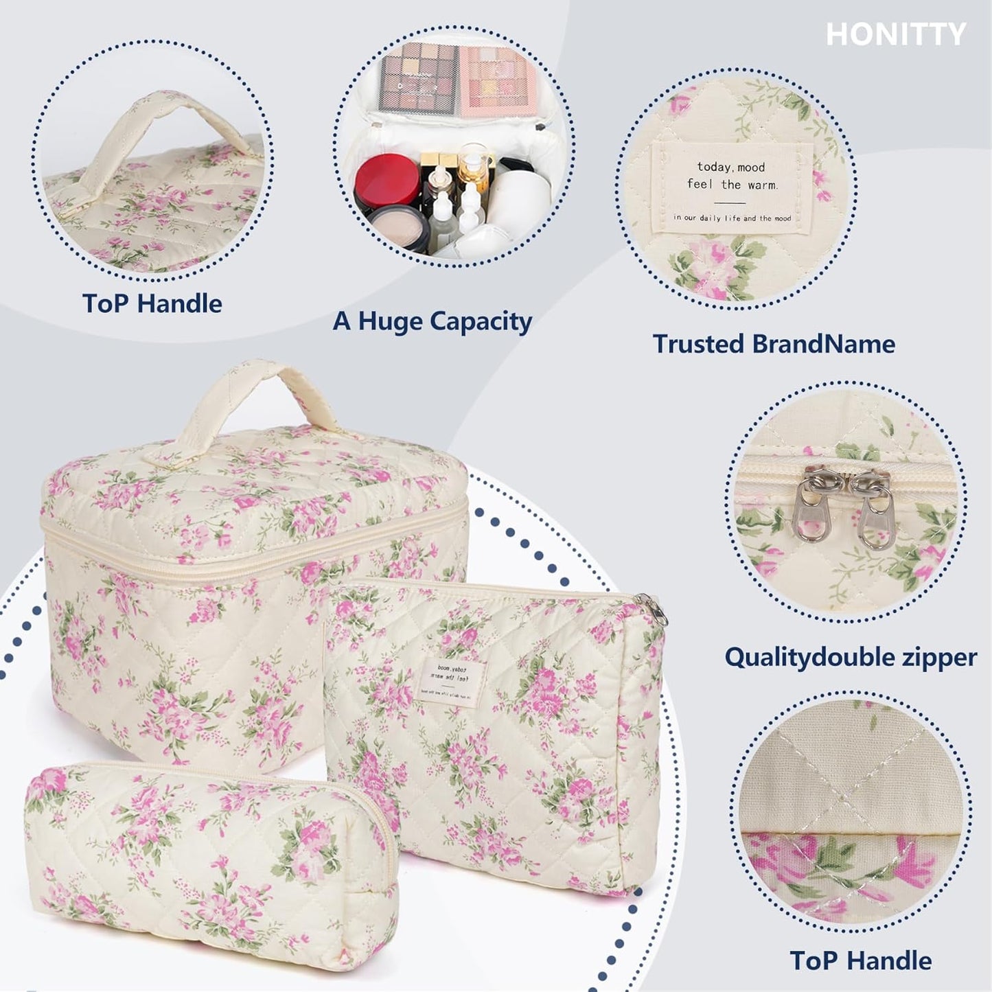 Makeup Bag,Quilted Cosmetic Bags,Large Floral Make Up Organize bag,Makeup Bag Set for Women,Flower Travel Toiletry Bag