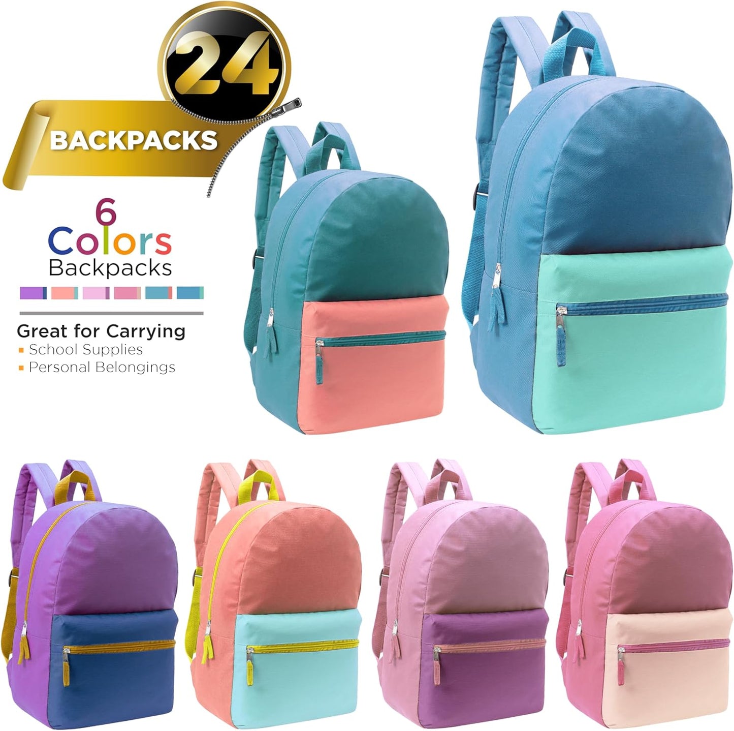 17" School Backpacks for Kids - Backpacks in Bulk for Elementary, Middle, and High School Students in Assorted Colors