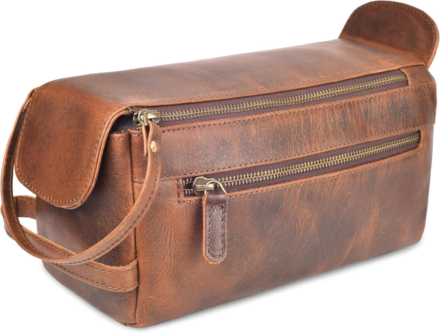 Leather Travel Toiletry Bag for Men & Women – Genuine Leather Dopp Kit, Shaving Organizer, Waterproof Lining, Spacious Toiletry Organizer Gift for Unisex- Rustic Brown