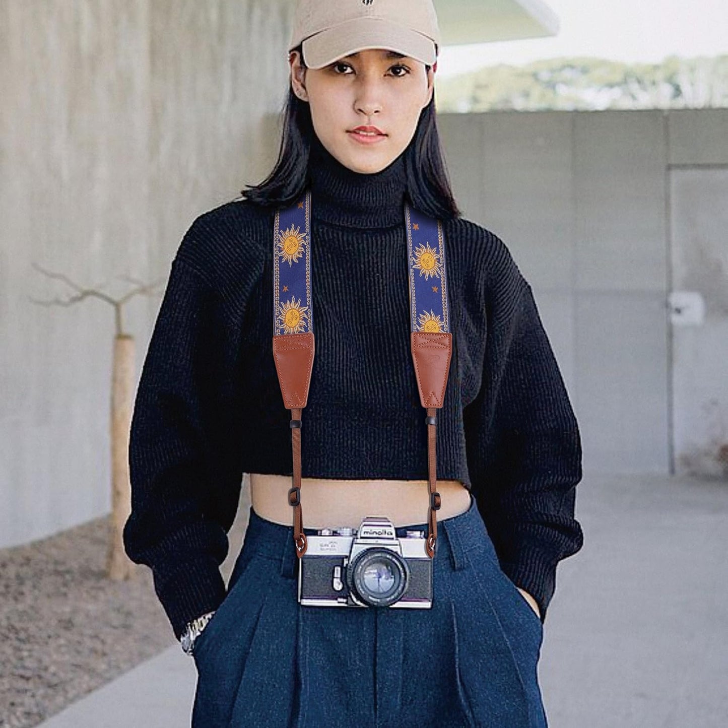 Padwa Lifestyle Sun God Camera Strap - 2" Full Grain Leather Ends, Vintage Sun Face Camera Straps for Photographers, Soft Chamois Velvet Padded Strap Quick Release fits All Cameras