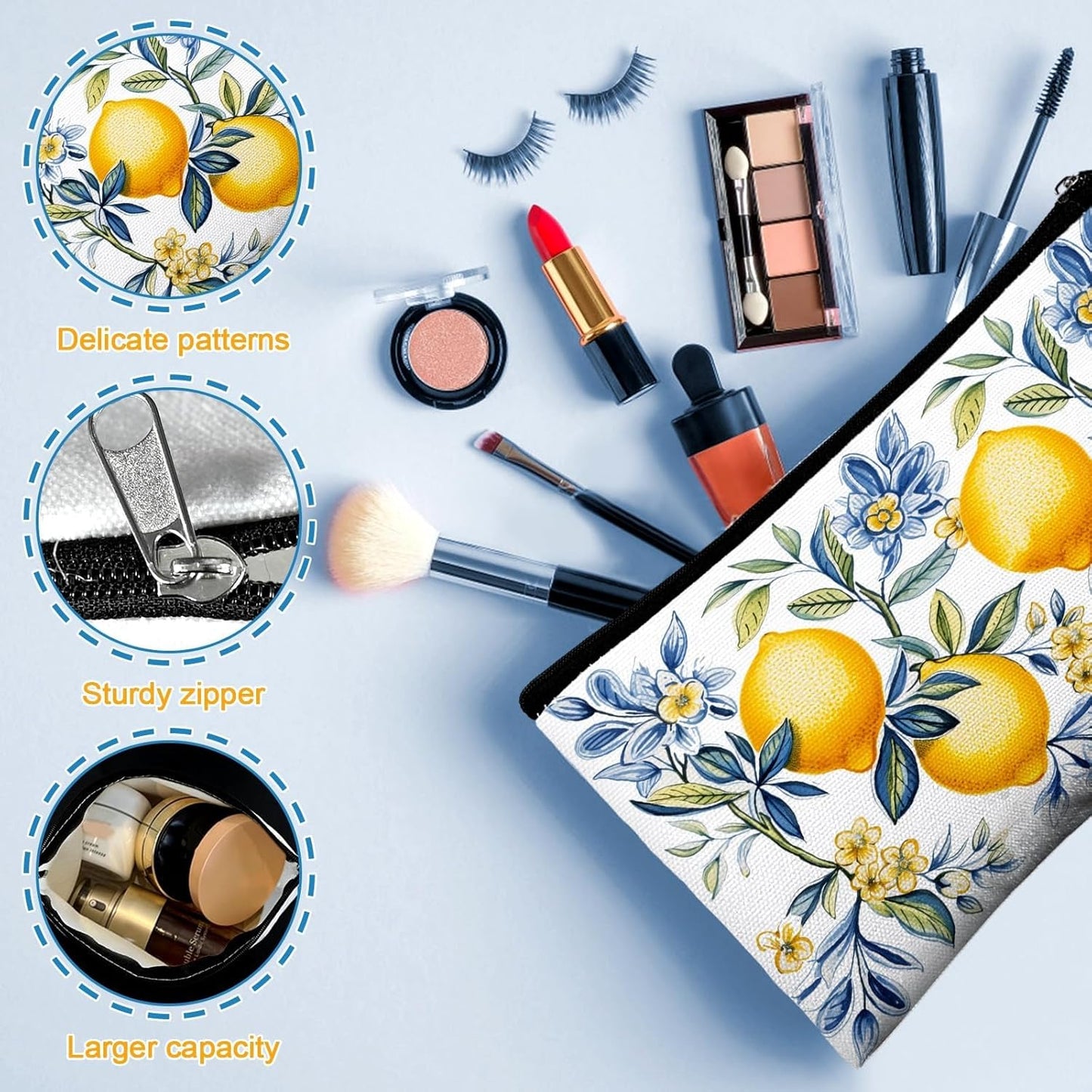 16 Pcs Lemon Cosmetic Bags Bulk for Women Lemon Canvas Makeup Bags Blue Tiles Zipper Pouches Italian Summer Fruit Travel Toiletry Bag Souvenir Gift for Bridesmaids Bachelorette Wedding Supplies