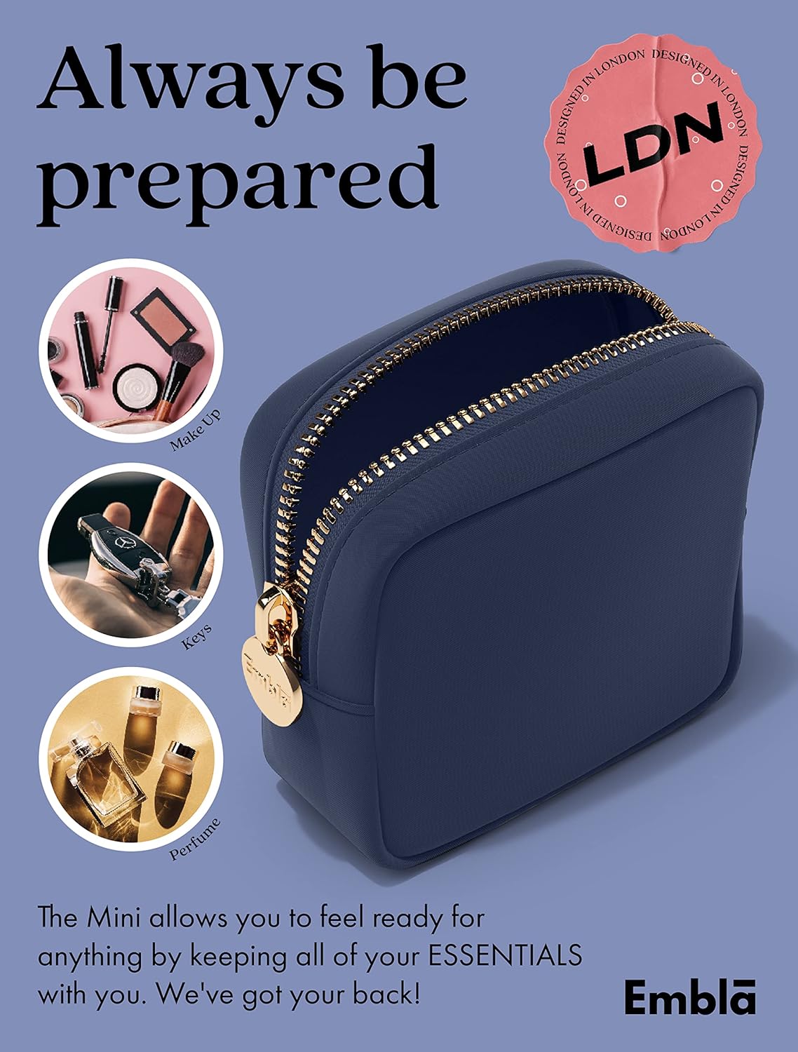 Embla Makeup Bag Travel Cosmetics Pouch and Toiletry Bag, Nylon Zipper Pouch Purse, Cute Make Up Organizer Storage Tote for Women Girls, Travel Skincare Case, Small Makeup Bags, Sapphire