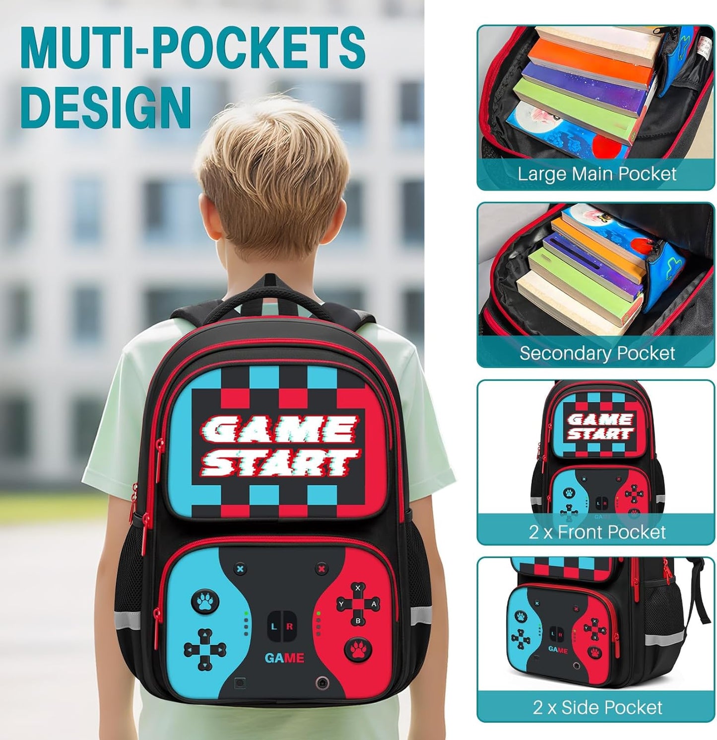 17 Inch Large Capacity Gamer Backpack for Boys - Complete 3pcs Set with Insulated Lunch Box and Zipper Pencil Case, Ideal for Elementary Middle School Teen Boys