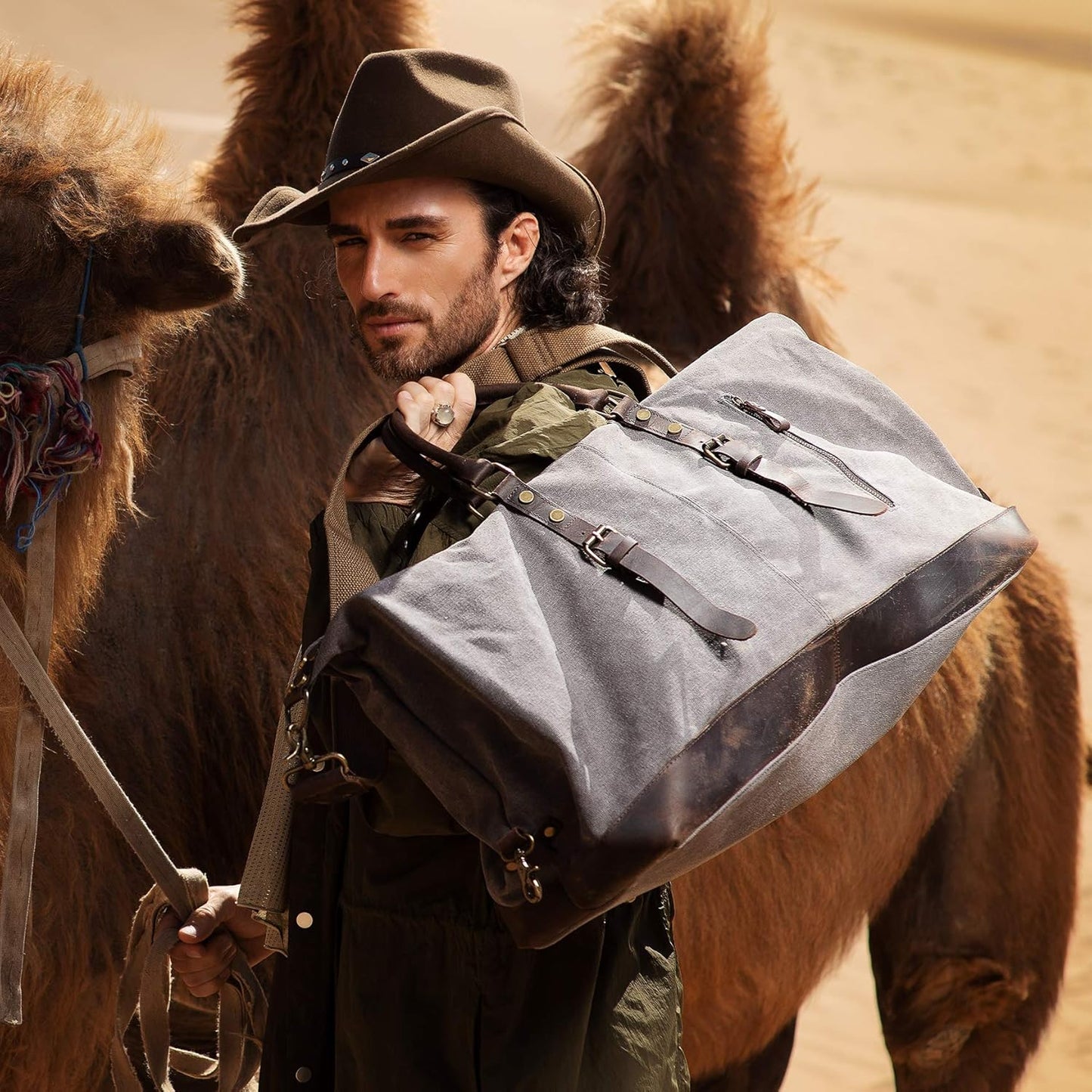 Oversized Canvas Genuine Leather Trim Travel Tote Duffel Shoulder Weekend Bag Weekender Overnight Carryon Handbag