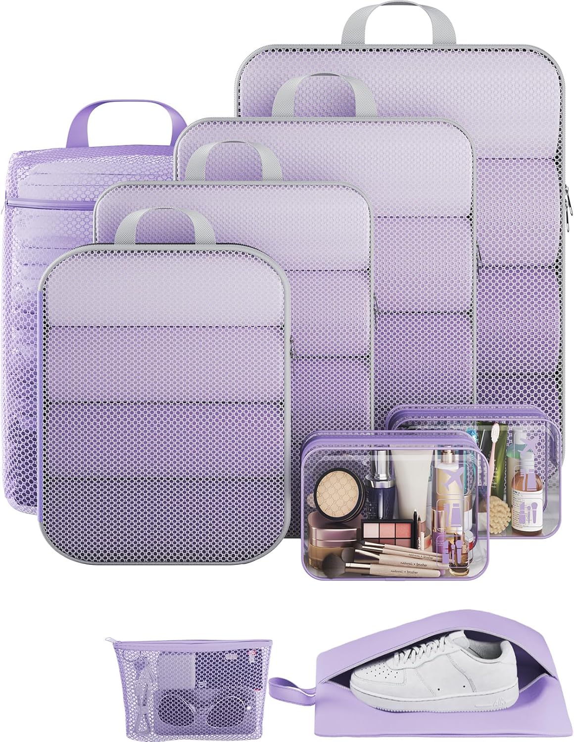 Veken 9/11 Set Compression Packing Cubes for Travel Essentials,Compressible Expandable Large Luggage Suitcase Organizer Bags for Clothing,Durable Space Saver Storage Bags(Light Purple)